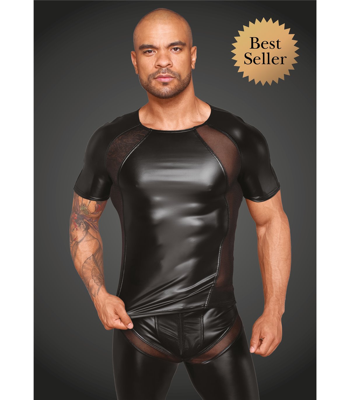 SEXY HERREN T-SHIRT AUS POWERWETLOOK MIT 3D NETZEINSÄTZEN SCHWARZ